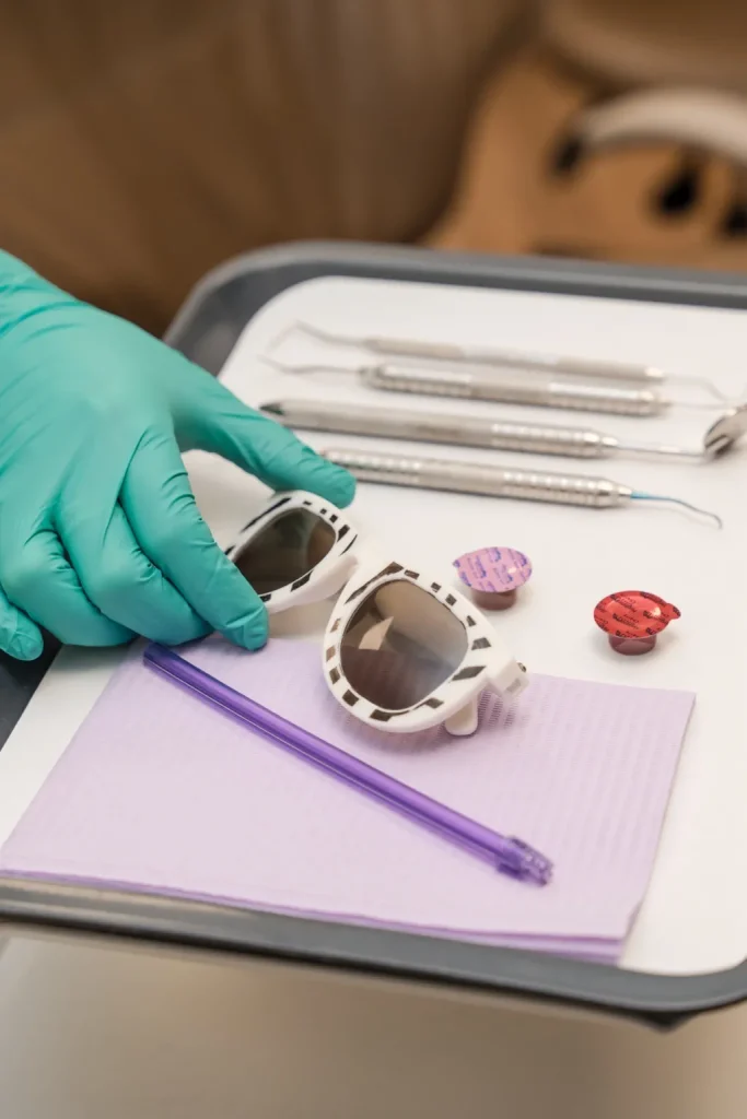 Lunettes de protection et instruments dentaires préparés pour un traitement en clinique dentaire